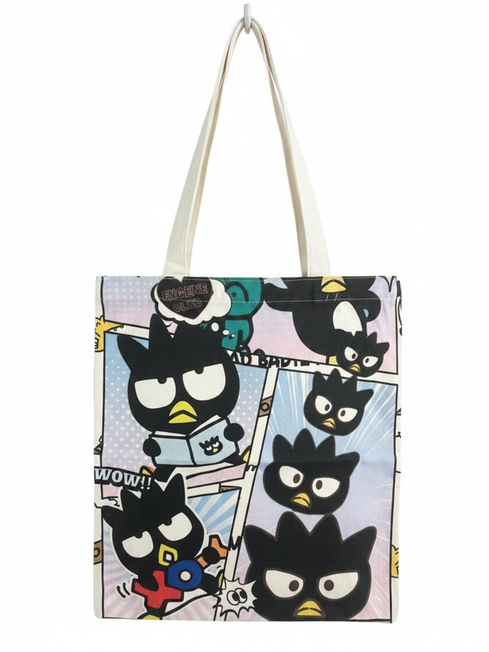 Sanrio Badtz-Maru Comic Panel Tote in Black, Cream, Pastel Blue & Pink
